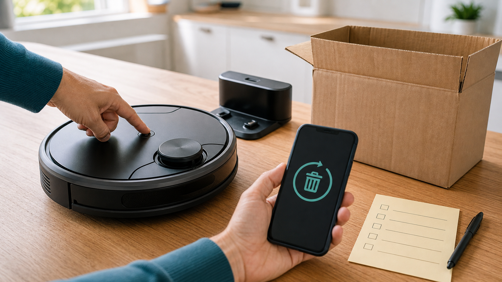Person resetting a robot vacuum beside a phone delete icon, shipping box, and checklist.
