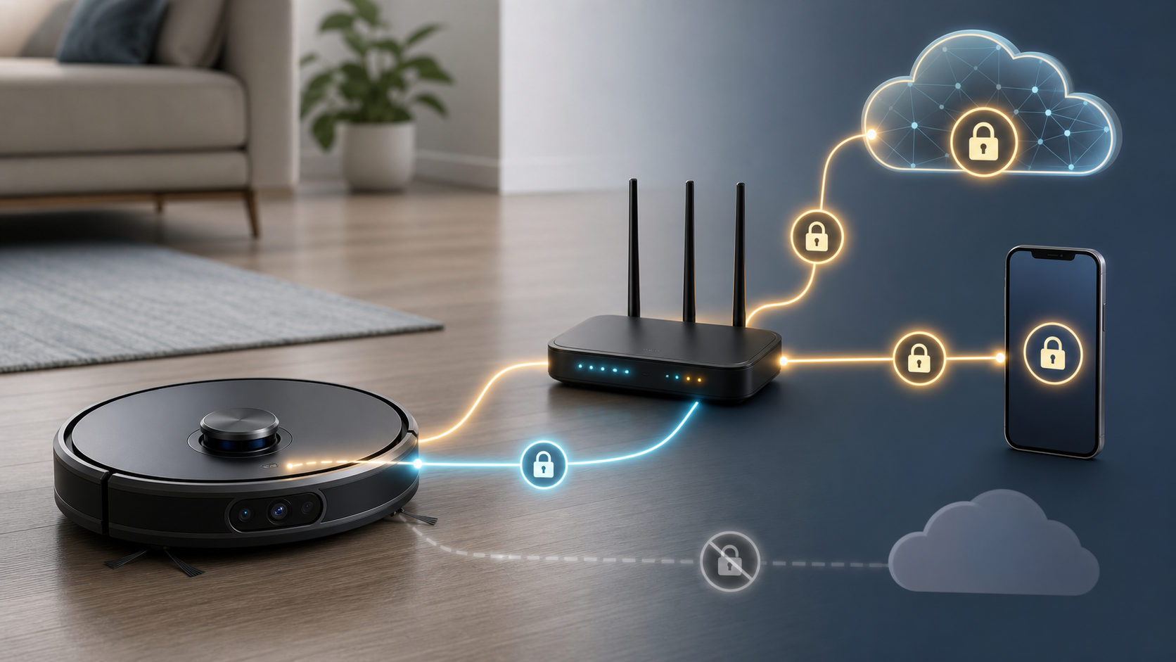 Robot vacuum connected to a router, phone, and cloud icons with lock symbols on the data paths.