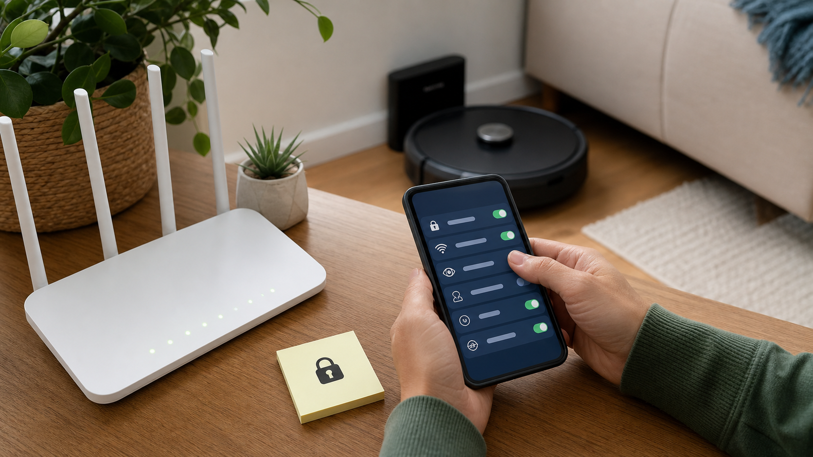 Person reviewing phone security settings beside a home router and robot vacuum.