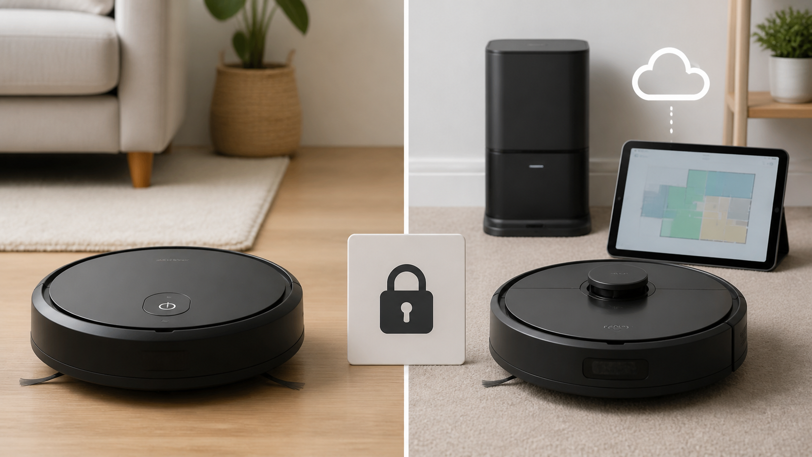 Side-by-side comparison of a simple robot vacuum and an advanced mapping model with cloud features.