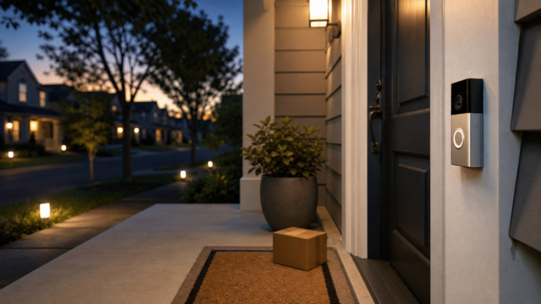 Smart doorbell camera beside a front door at dusk with a package on the porch.