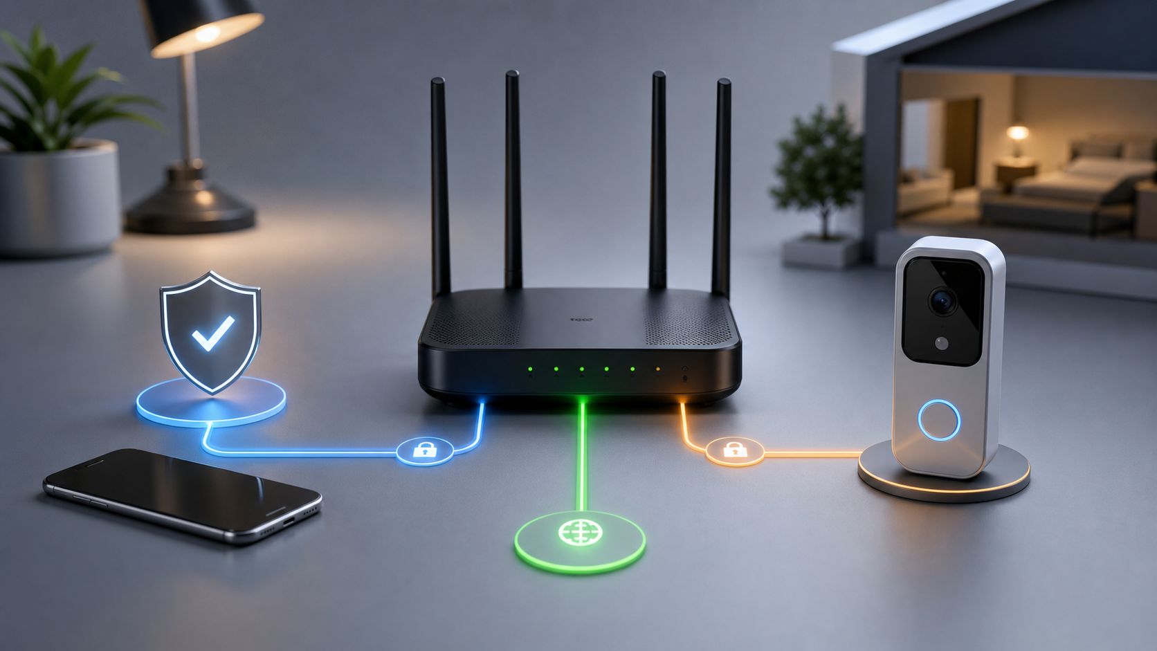 Home router and smart doorbell connected through separate secure network paths.