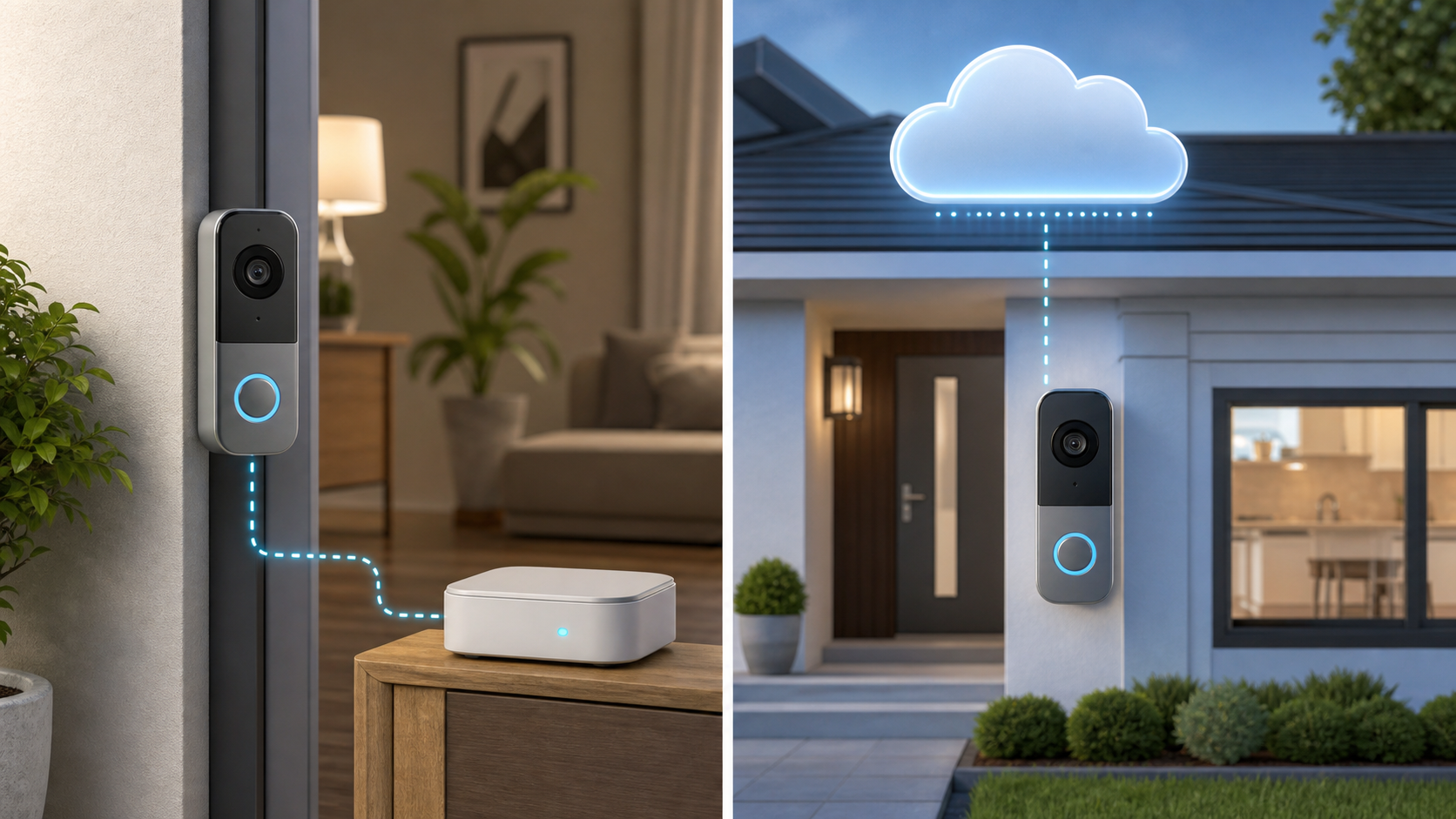Smart doorbell storage comparison showing a local home hub and a cloud connection.