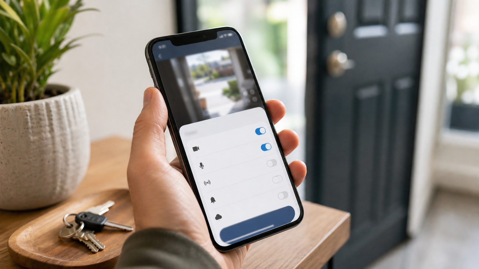 Person holding a phone with generic smart doorbell privacy settings near a front door.