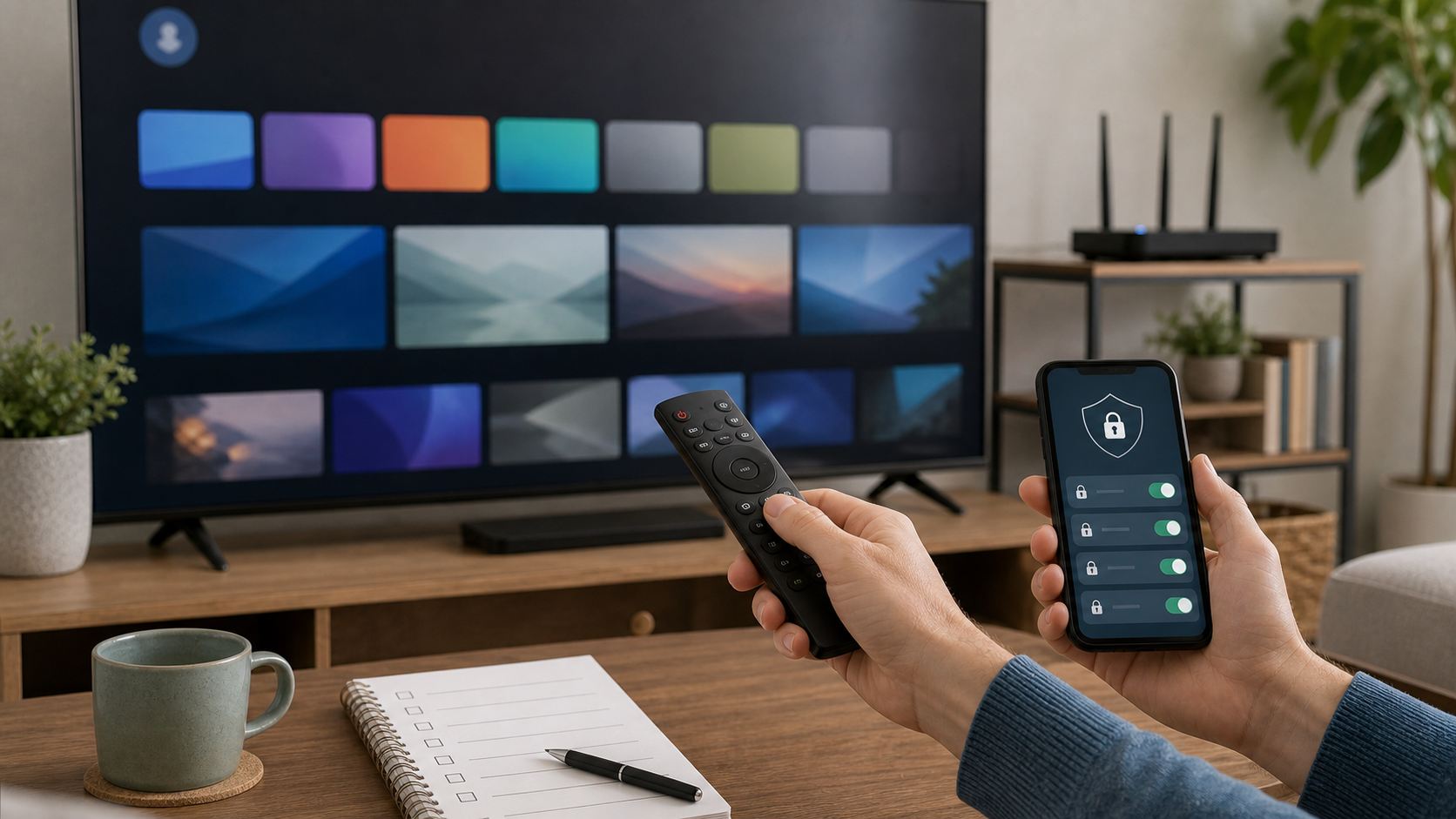 Person using a TV remote while reviewing privacy controls on a phone beside a smart TV app screen.