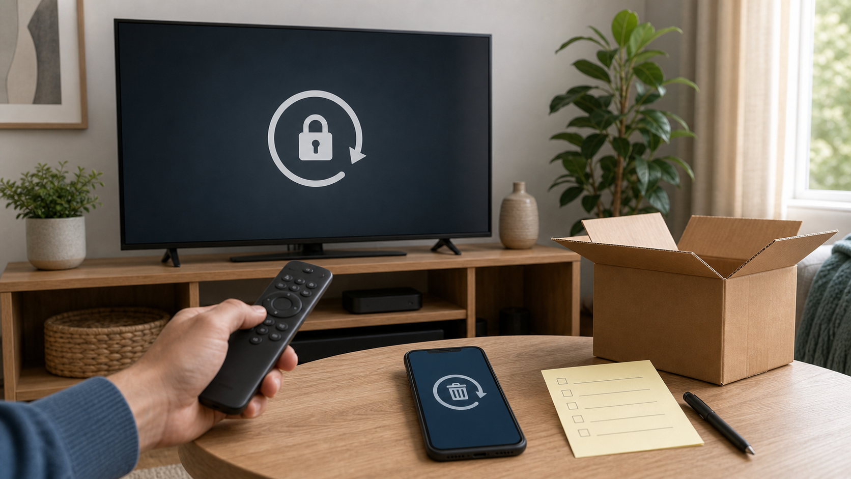 Smart TV reset screen beside a moving box, remote, phone, and checklist before transfer.