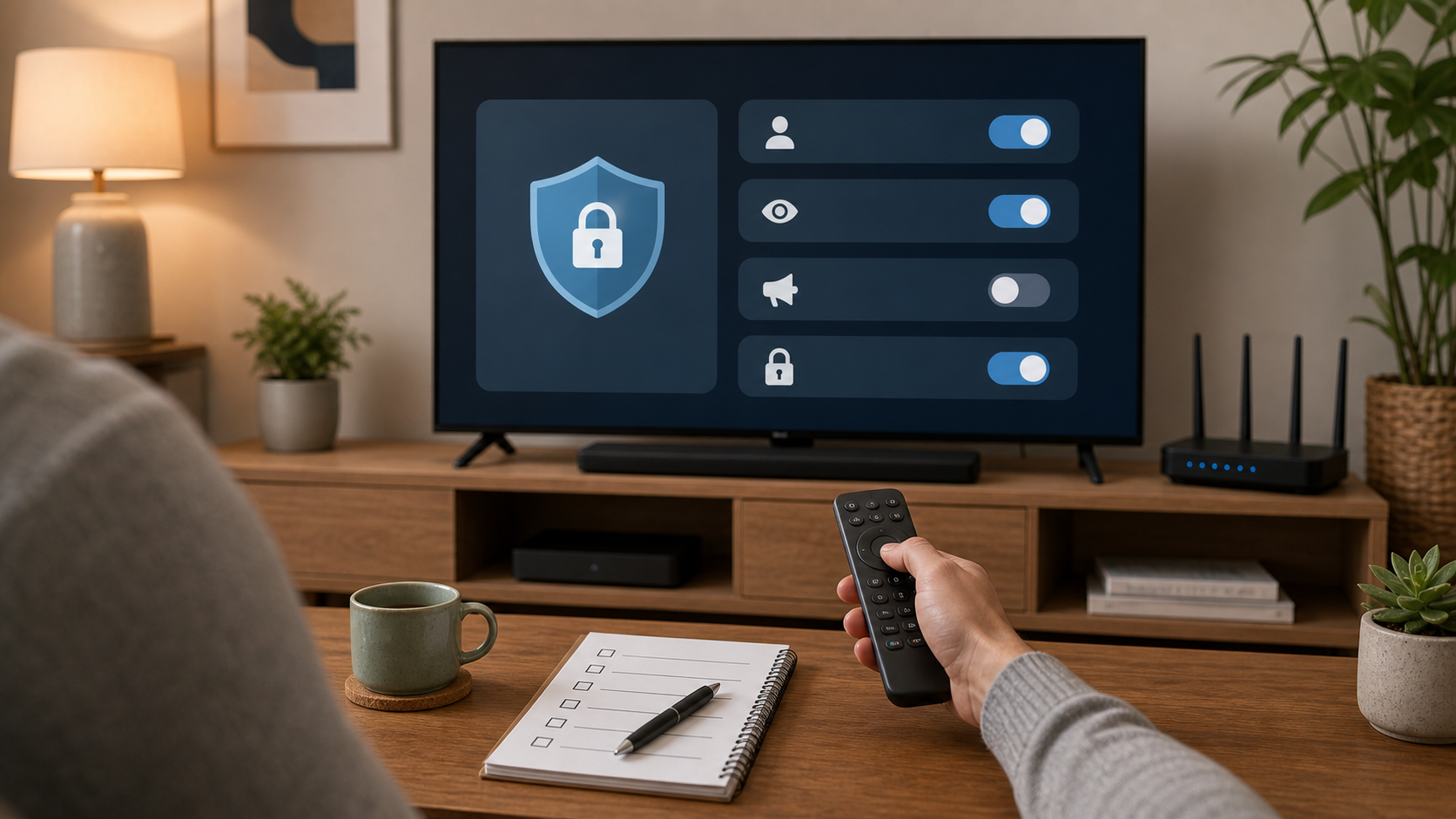 Person adjusting privacy toggles on a smart TV with a remote in a living room.