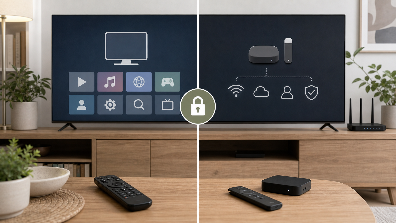 Living room media setup comparing built-in smart TV apps with a separate streaming device.