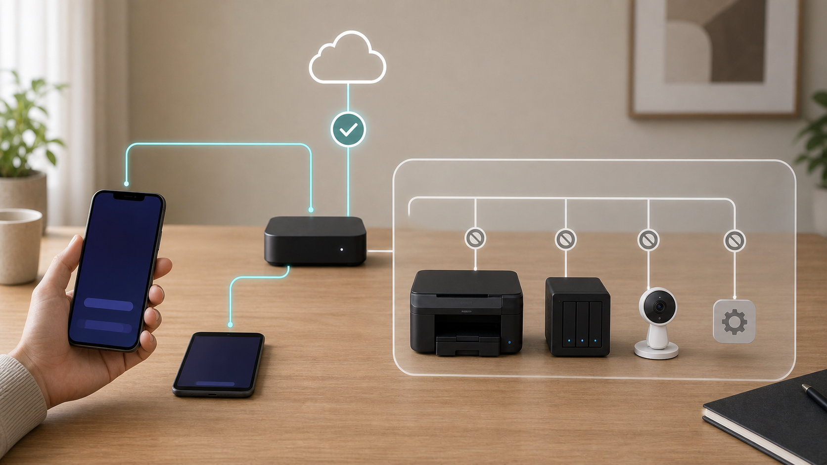 Guest phone reaching the internet while tested access to a printer, storage drive, camera, and router settings is blocked.