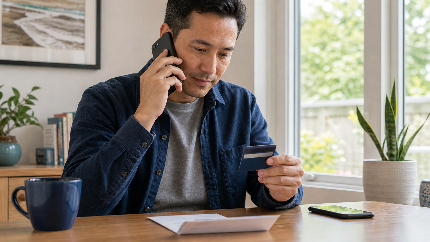 Man calls his bank independently while holding a payment card with all numbers obscured.