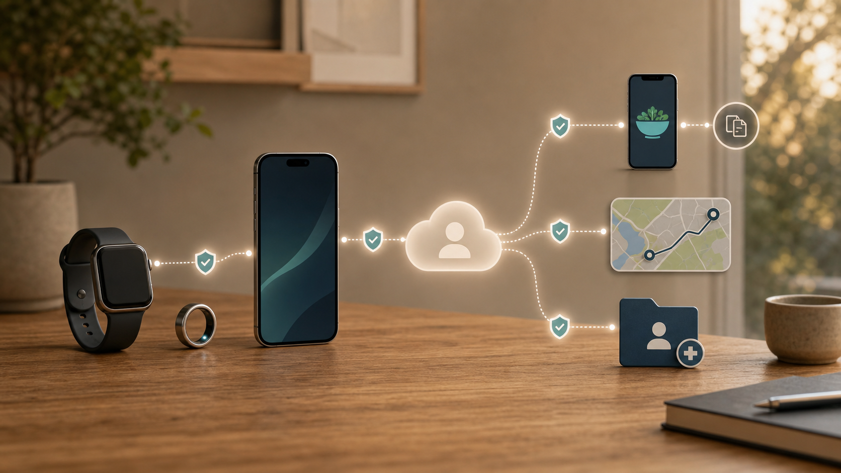 Watch and ring data move through a phone and cloud account to nutrition, route, and health-record services.