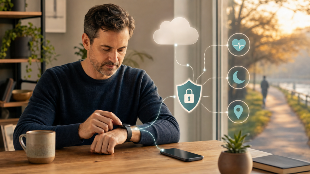 Person checking wearable data on a fitness watch while privacy lines connect health, sleep, location, and cloud symbols through a shield.