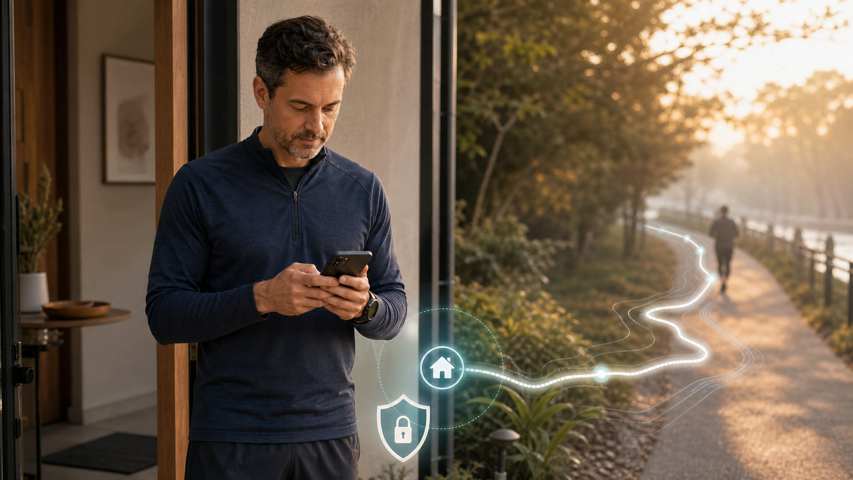 Runner checks a fitness app as repeated route lines extend from a home area marked by an illustrated privacy zone and shield.