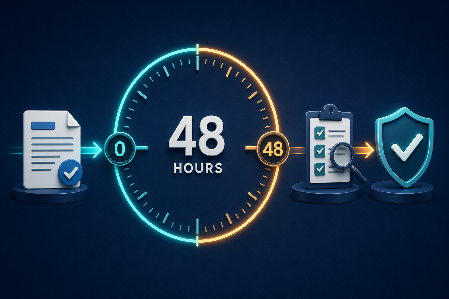 A report document enters a 48-hour clock that leads to review and a protection shield.