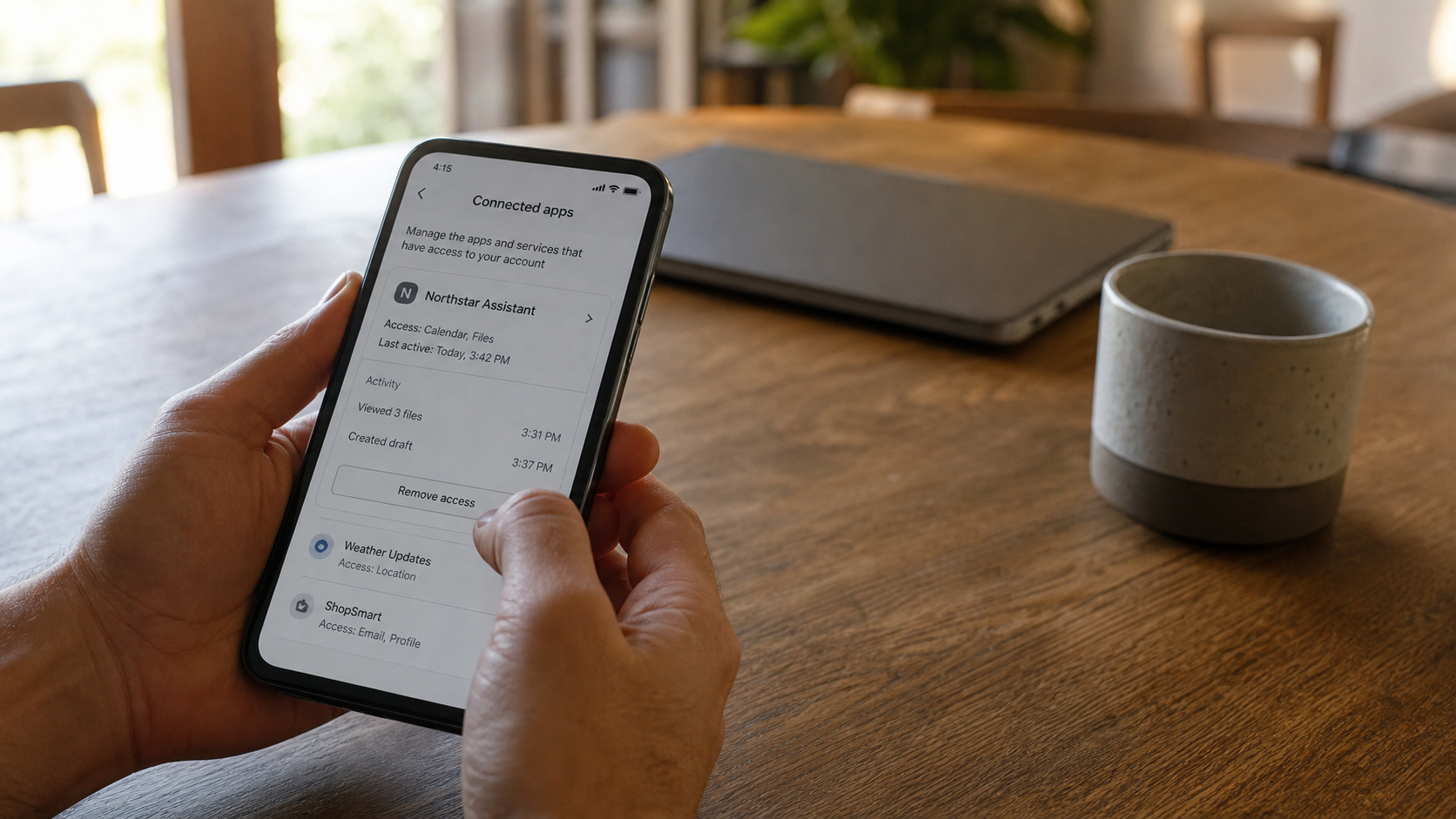 Hands hold a phone showing an AI assistant's connected-app access, recent activity, and Remove access control.