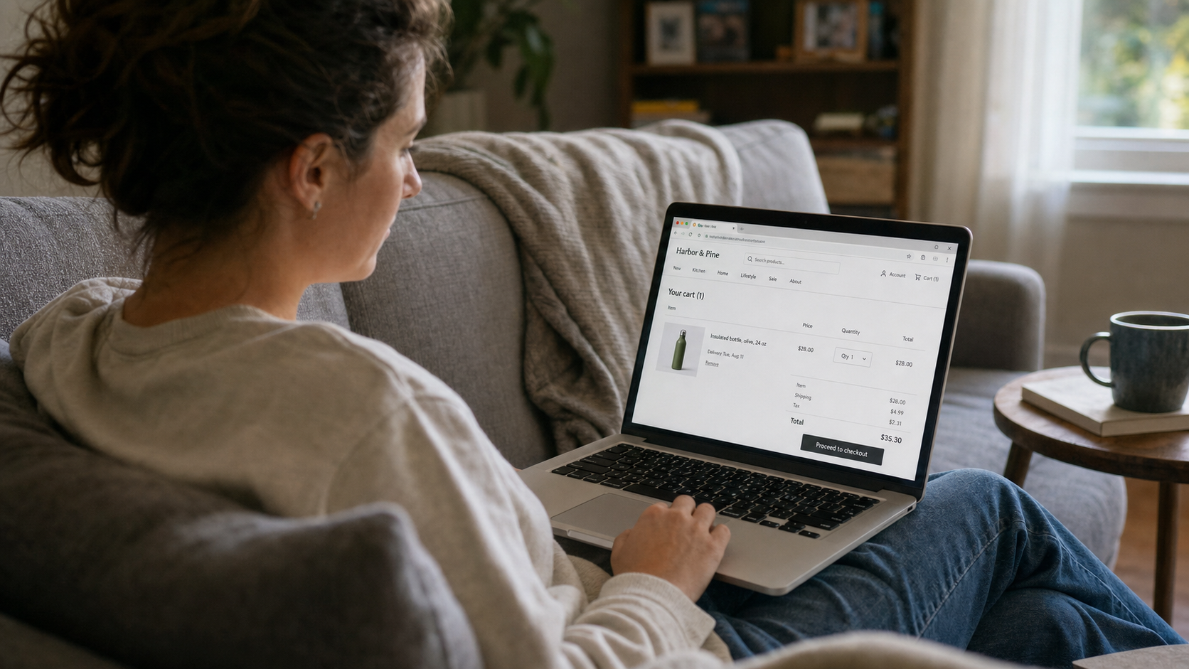 A shopper reviews an online cart with item, delivery date, price, and checkout details before purchase.