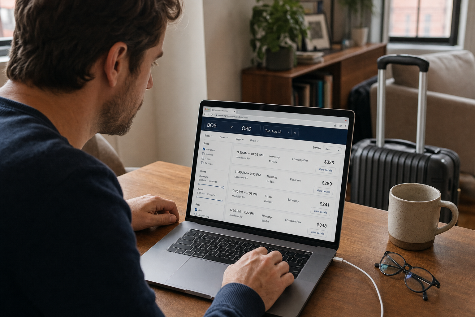 A traveler compares flight times, stops, fares, and prices on a laptop beside a carry-on suitcase.