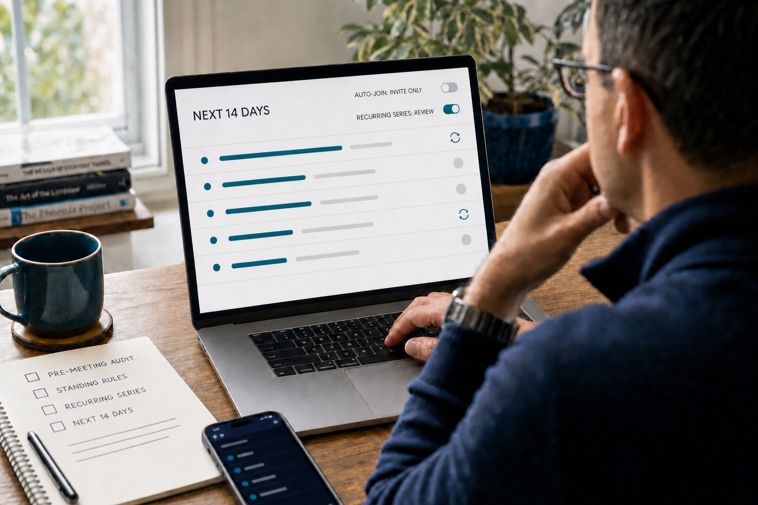 AI note-taking app calendar settings show a Next 14 Days review before auto-join is enabled.