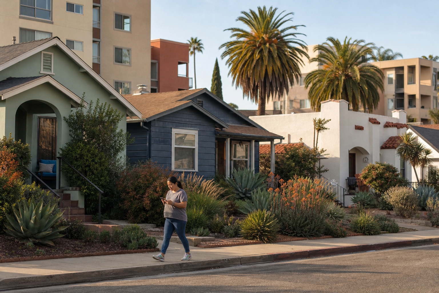 A California resident checks a phone while walking past a varied residential block.