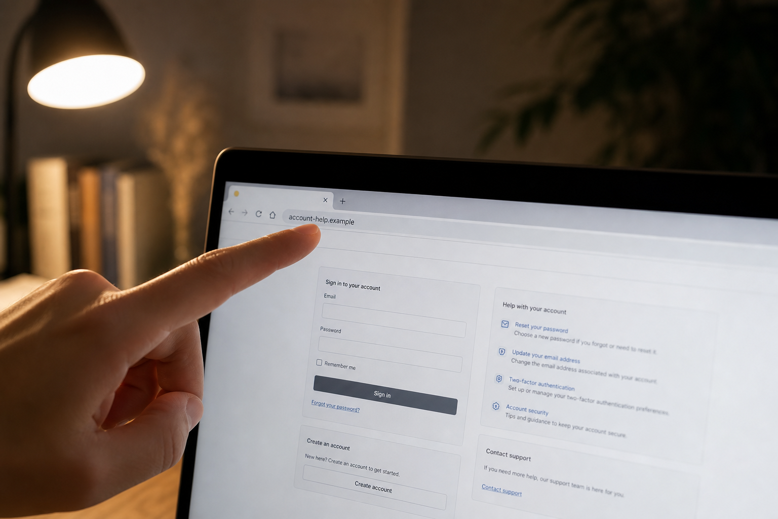A fingertip points to account-help.example in a laptop address bar above a neutral sign-in page.