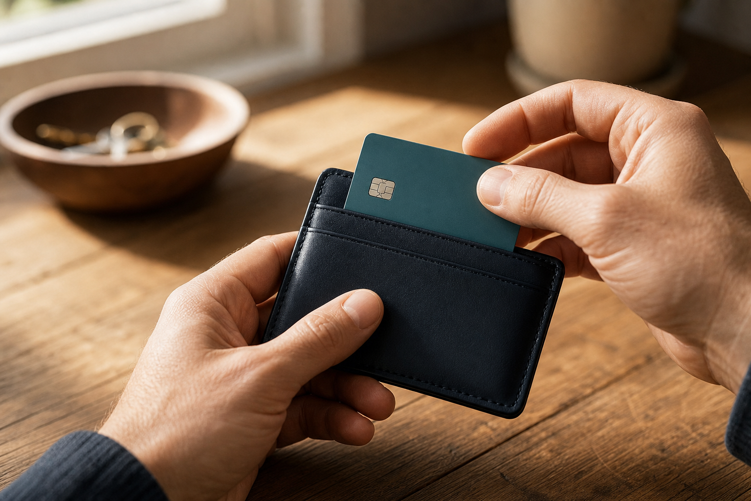 A shopper selects an unbranded payment card from a wallet before an online purchase.