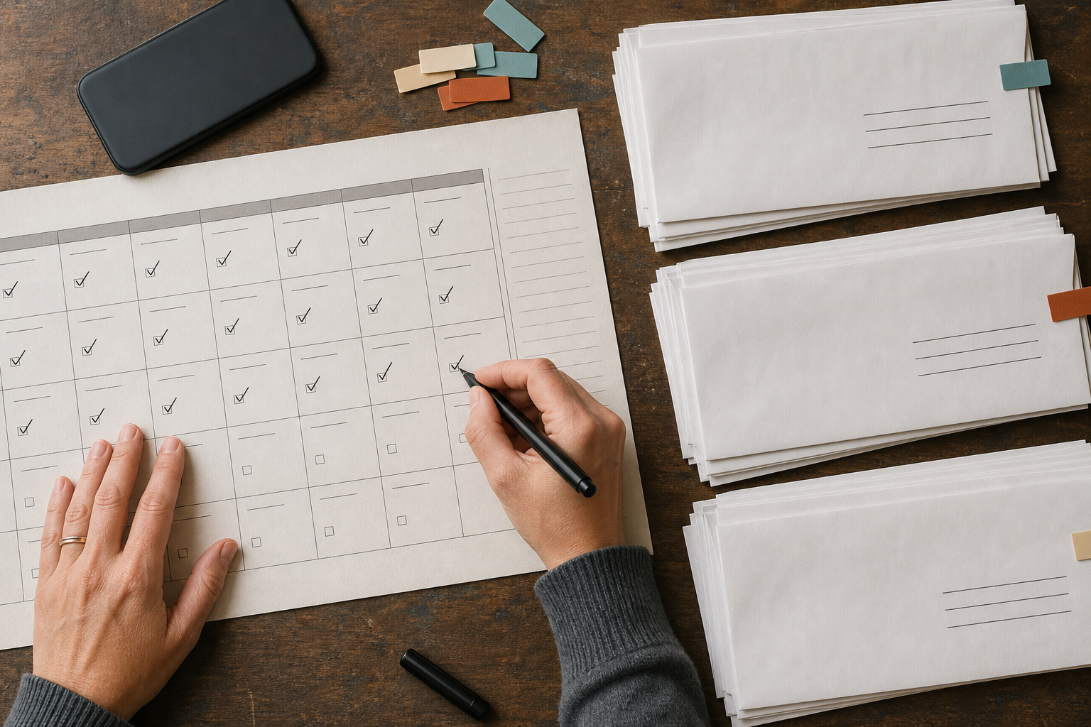 Hands track repeated data broker opt-out requests on a calendar beside organized batches of unbranded envelopes.