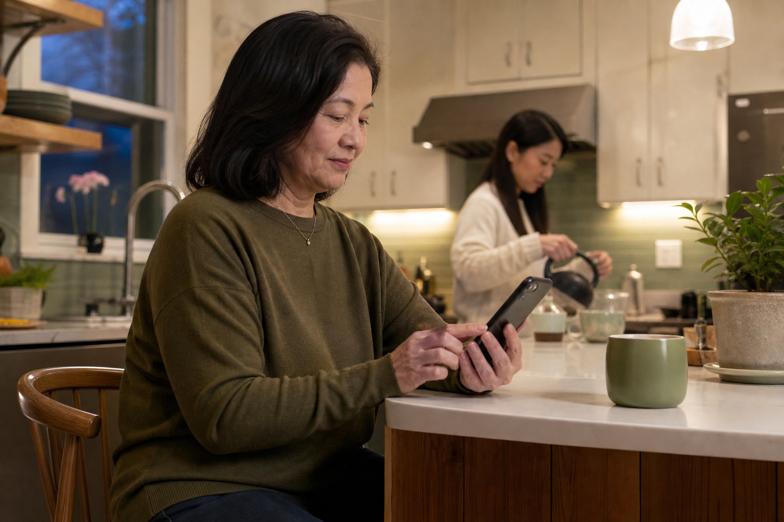 A woman adjusts a privacy setting on her phone while a family member prepares tea nearby.