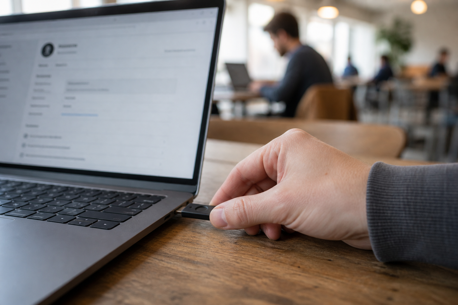 A hand inserts an unbranded hardware security key into a laptop at a shared workspace.
