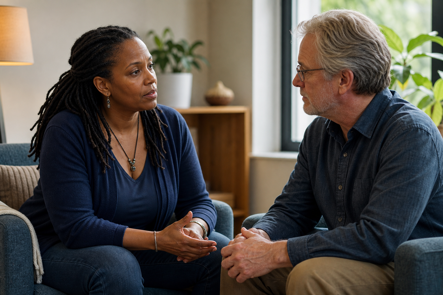 An advocate listens during a private safety-planning conversation in a community support office.