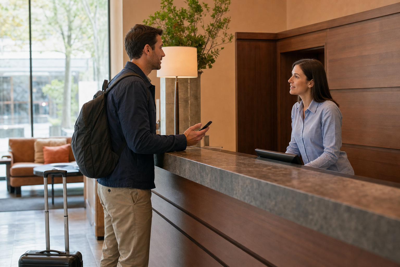 Traveler asks a hotel front desk employee to confirm the correct guest network before connecting.