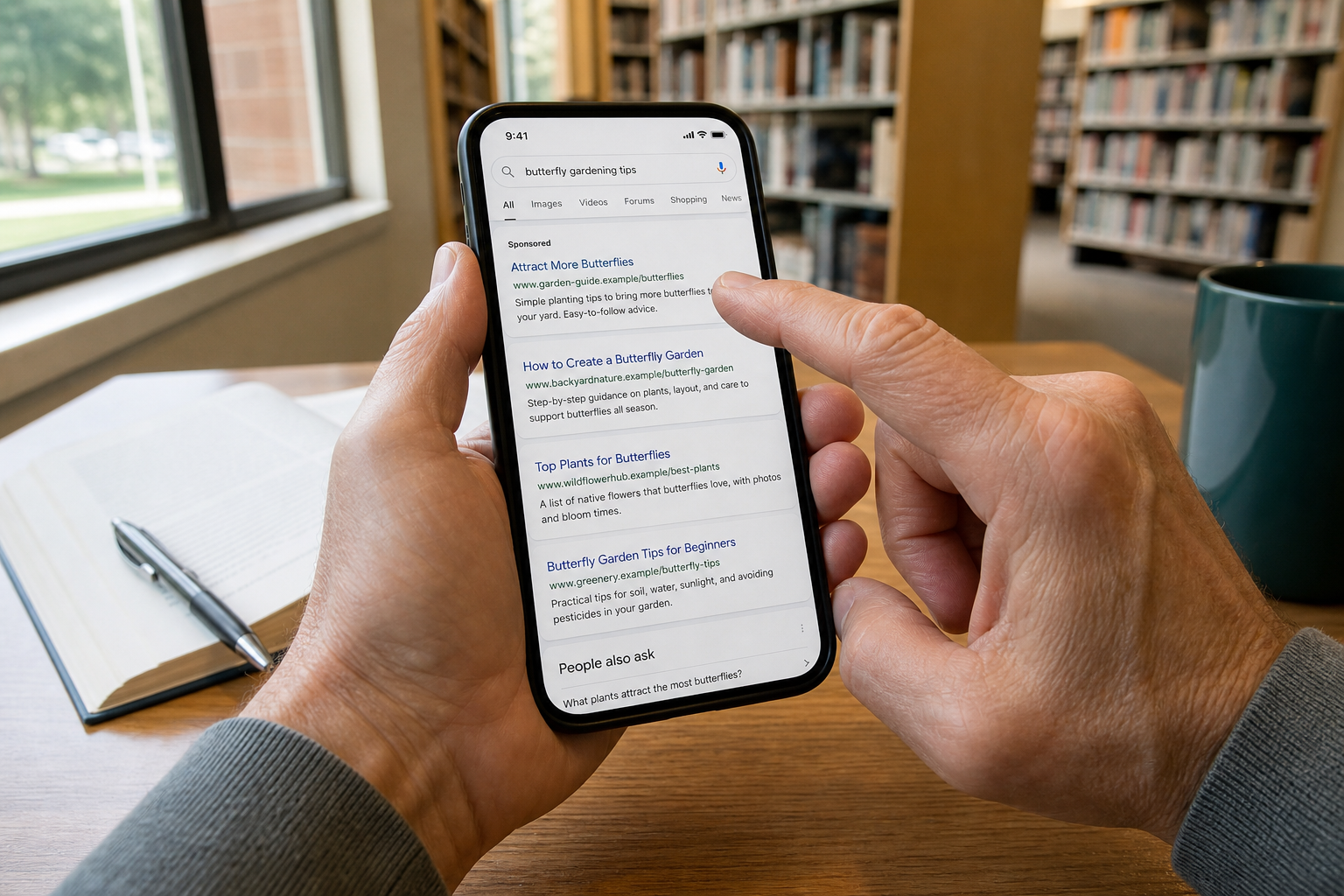An older adult pauses over a sponsored search result on a smartphone at a library table.