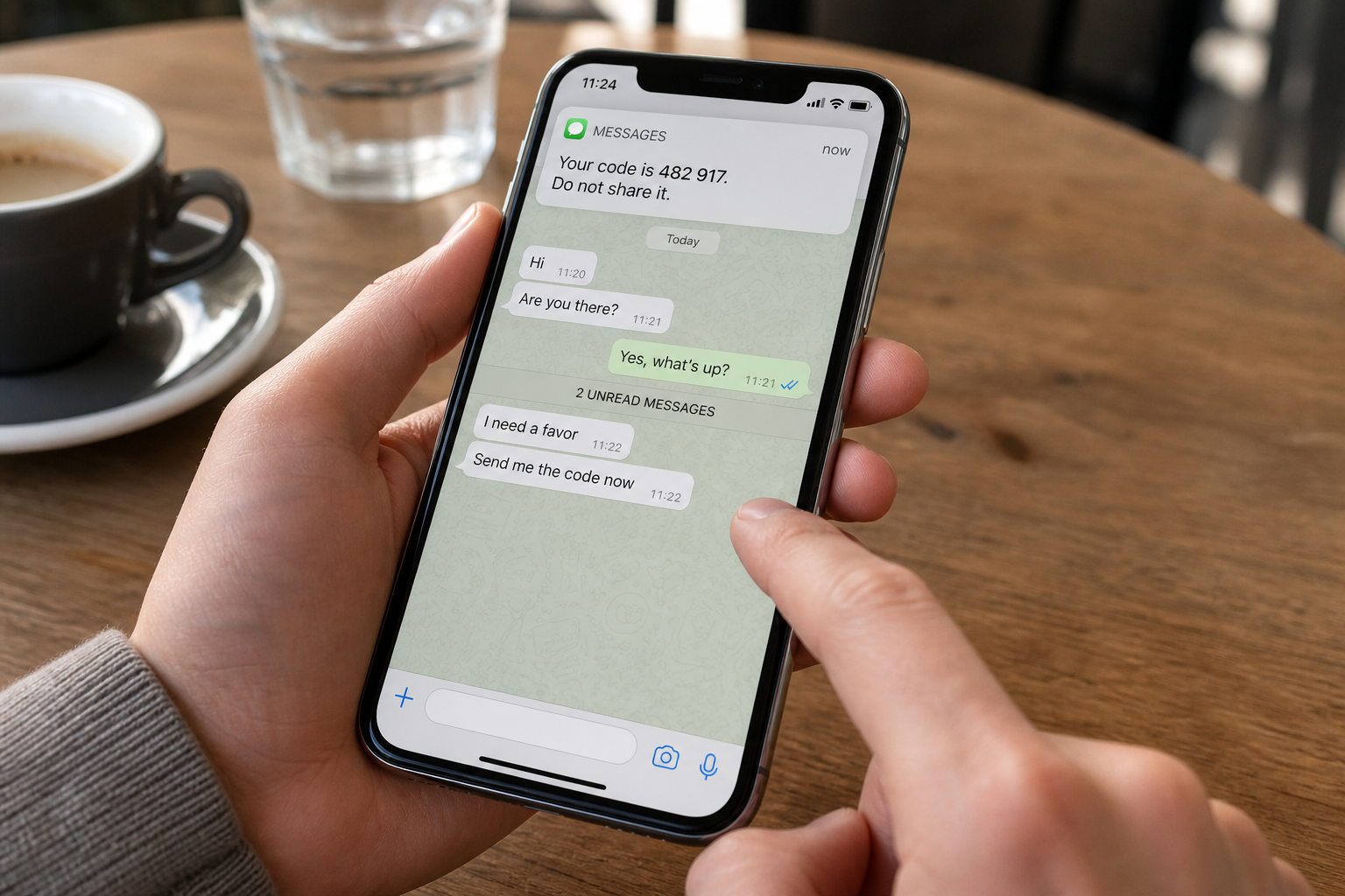 A phone displays a verification code warning above a message asking the recipient to send the code immediately.