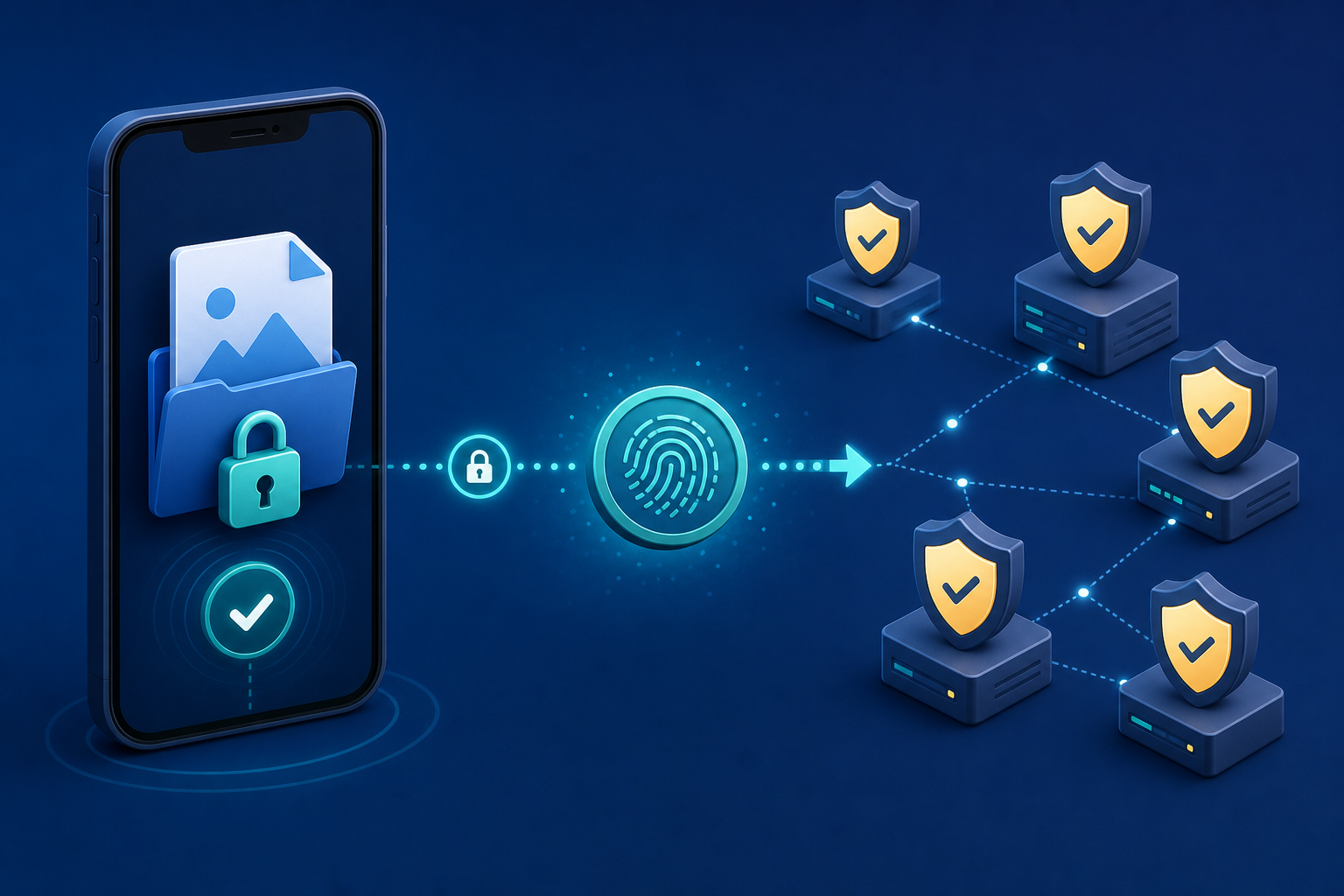 A locked image file stays on a phone while a digital hash is shared with participating safety systems.