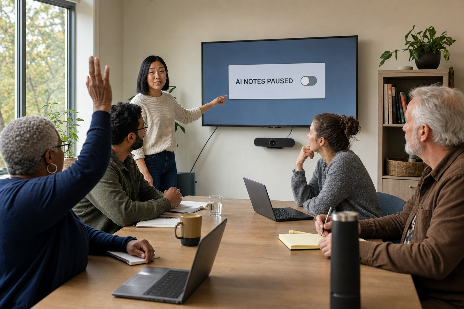 A meeting host pauses AI notes while participants confirm whether capture may continue