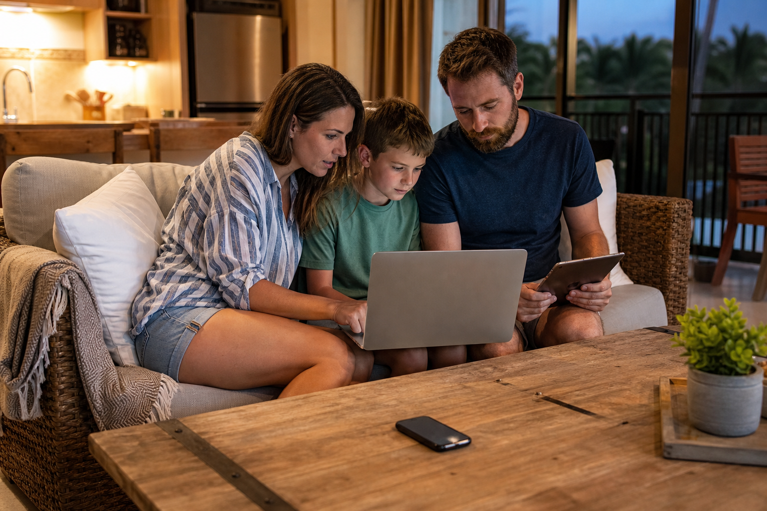 Family looks at a laptop and tablet beside a smartphone on a vacation-rental coffee table.