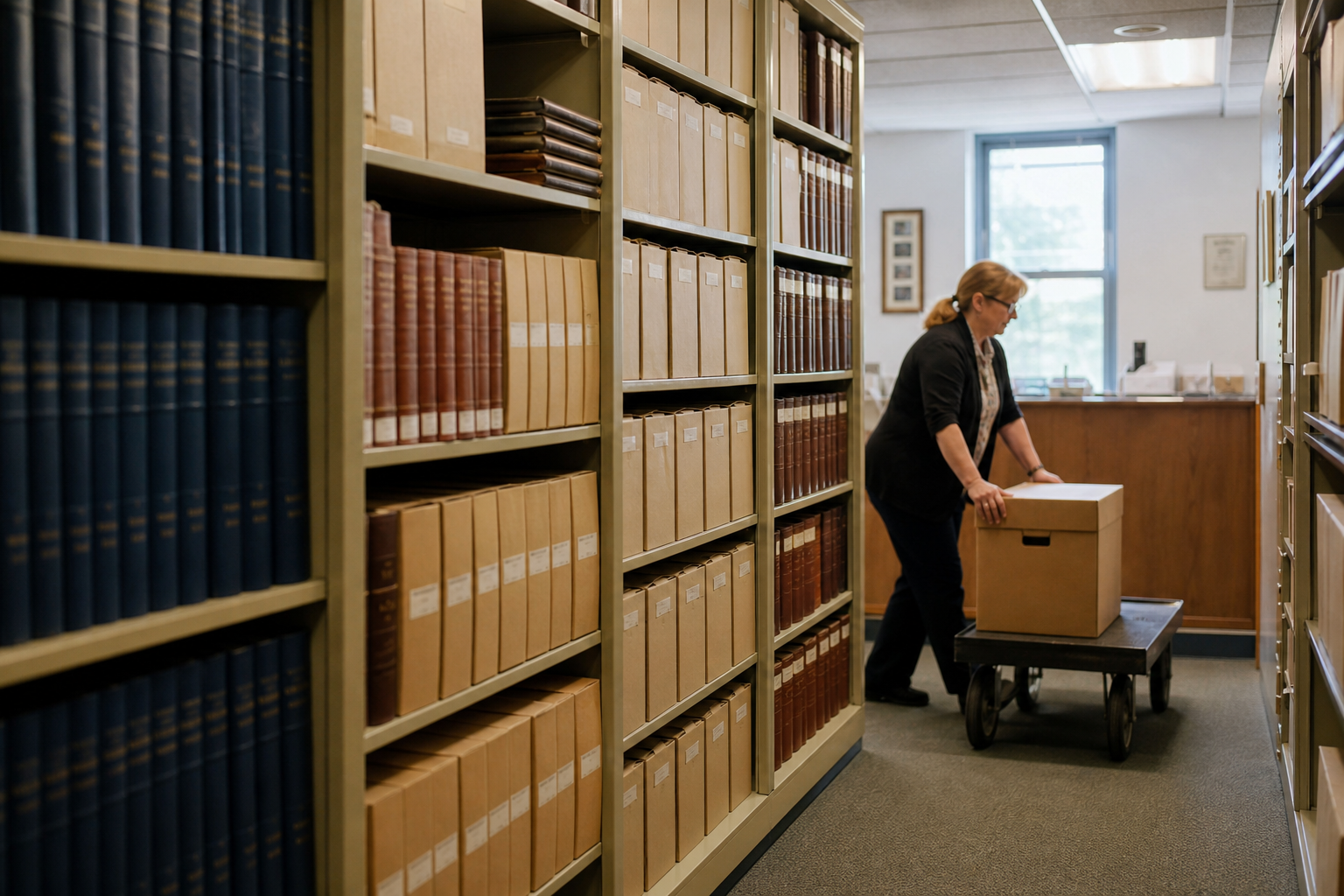 A records clerk moves an archival box through shelves of bound volumes and record boxes.
