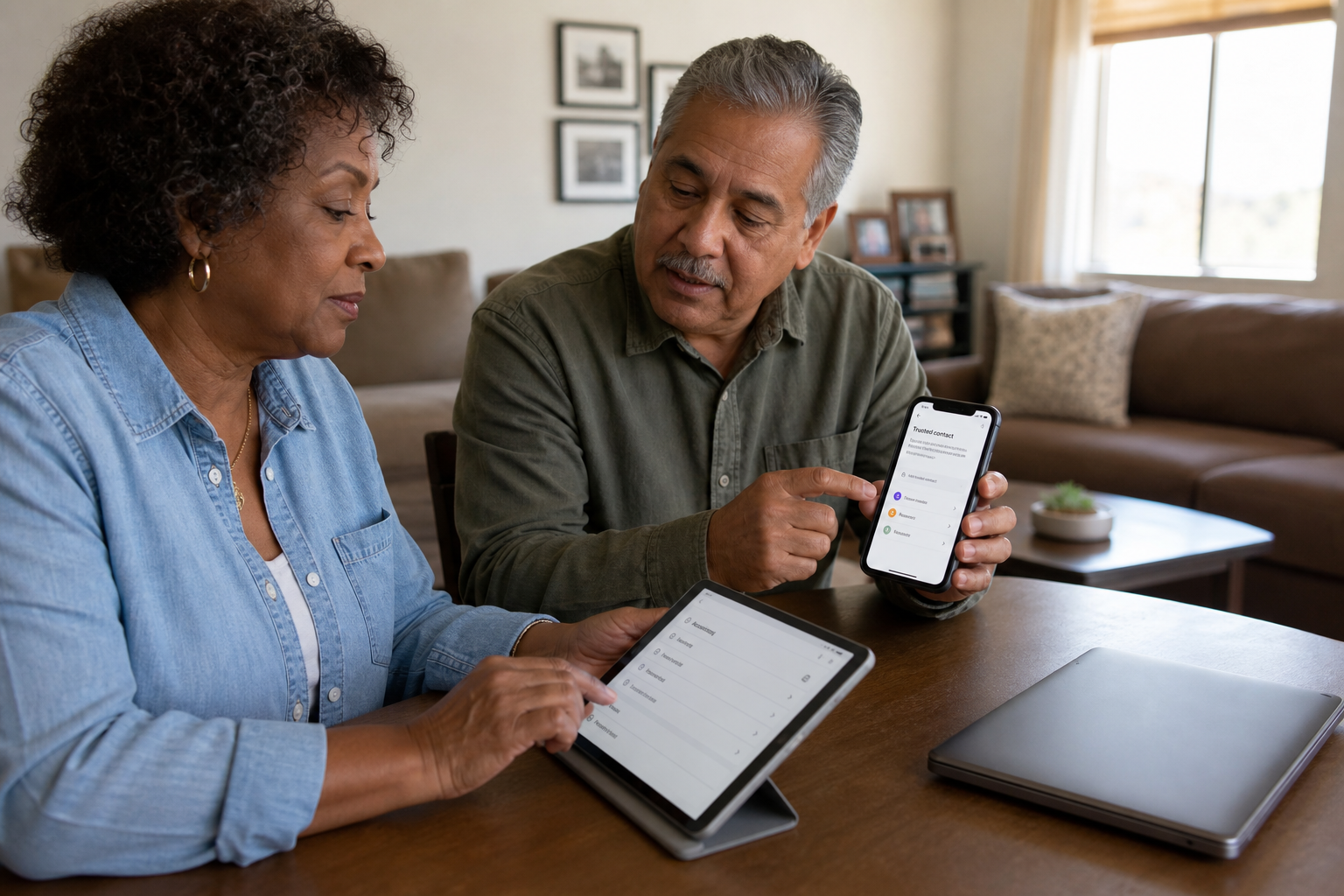 Two adults use a clean tablet and trusted phone while a closed laptop is set aside during account recovery.