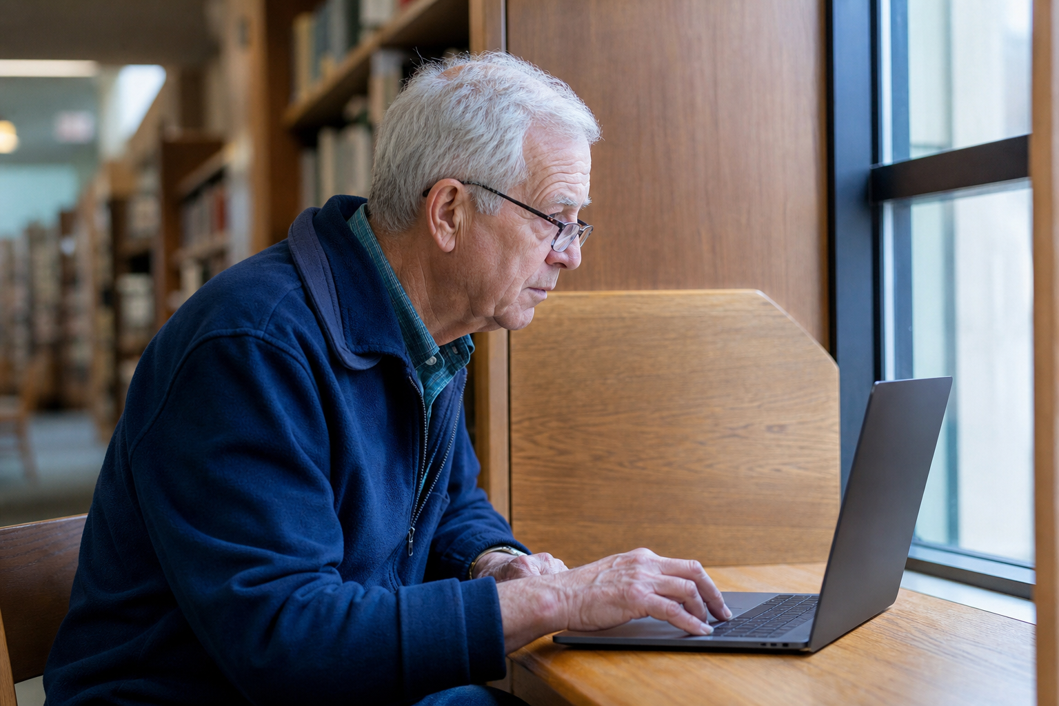 An older shopper researches an unfamiliar store domain at a public library before deciding whether to buy.