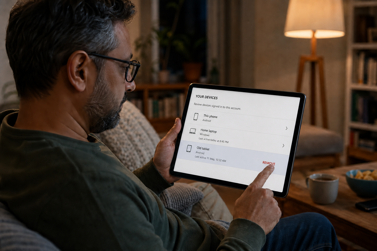 A person uses a brand-neutral device list on a tablet to select an old tablet for removal.