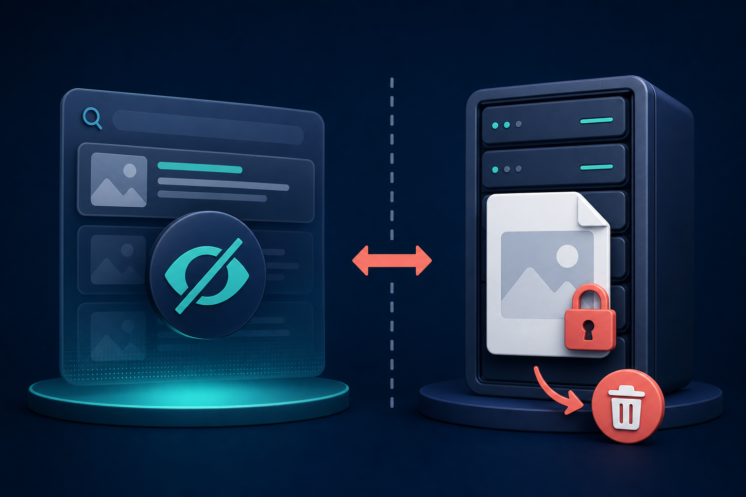 A hidden search result and a separate hosting server show that de-indexing does not delete the source file.
