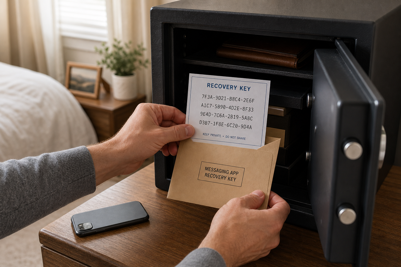 Hands place a printed messaging app recovery key into a labeled envelope inside a home safe.