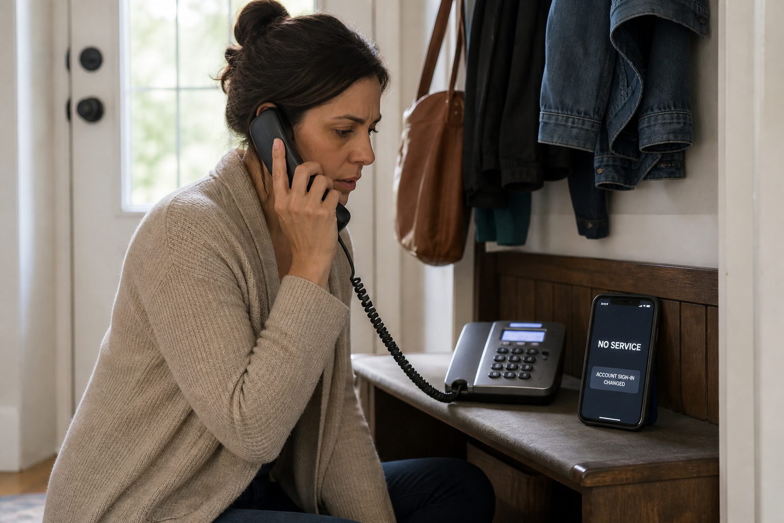 A woman calls her mobile carrier from a landline while her smartphone displays no service and an account sign-in change.