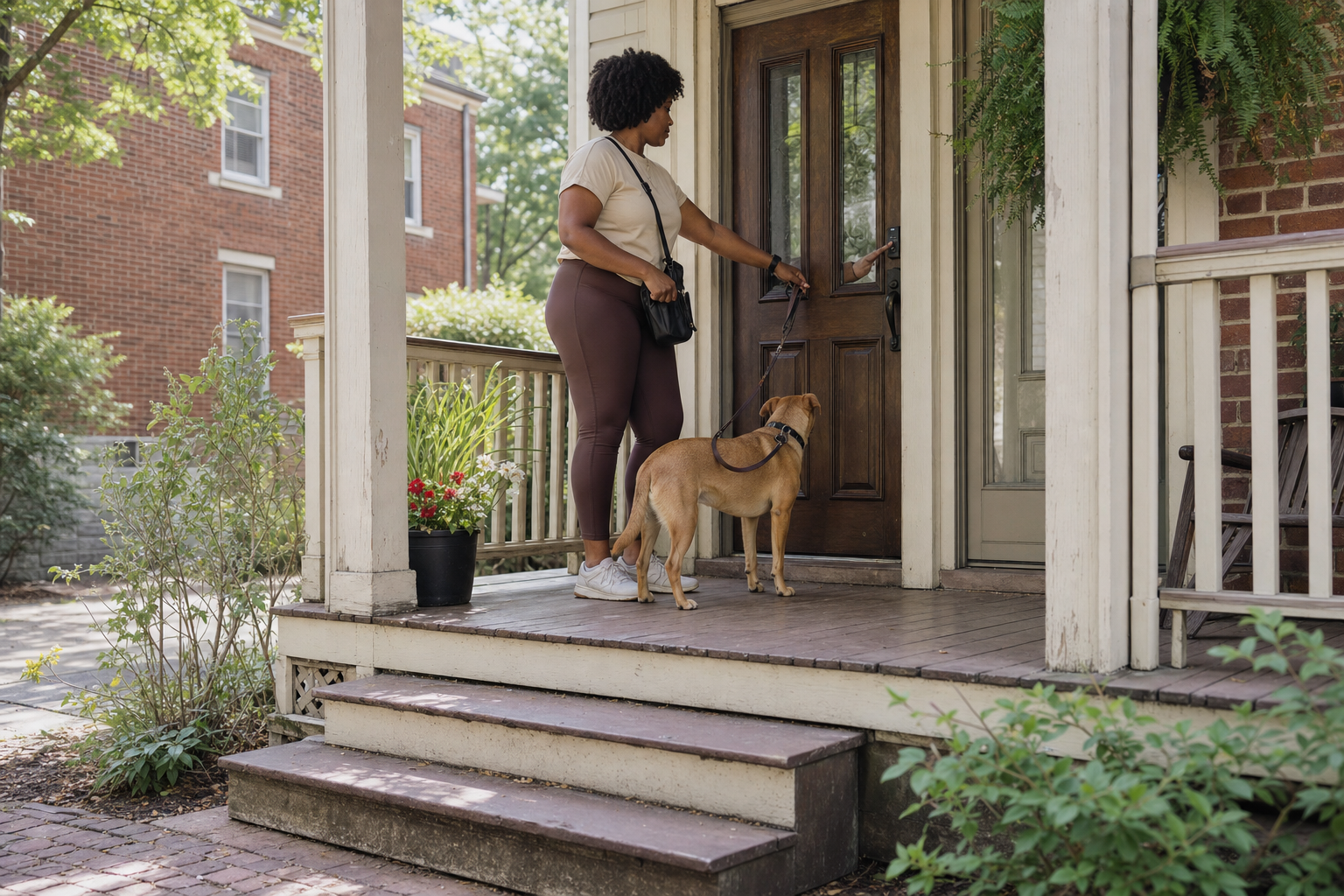 A pet sitter with a dog uses a smart lock keypad at a front door.
