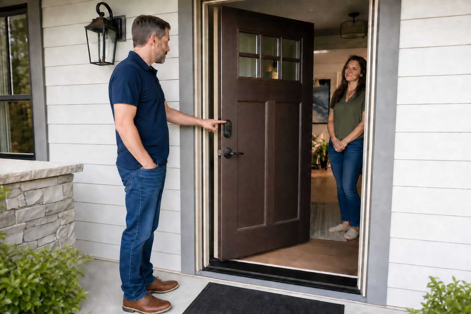 Two household members test a smart lock with the door open so no one is locked out.