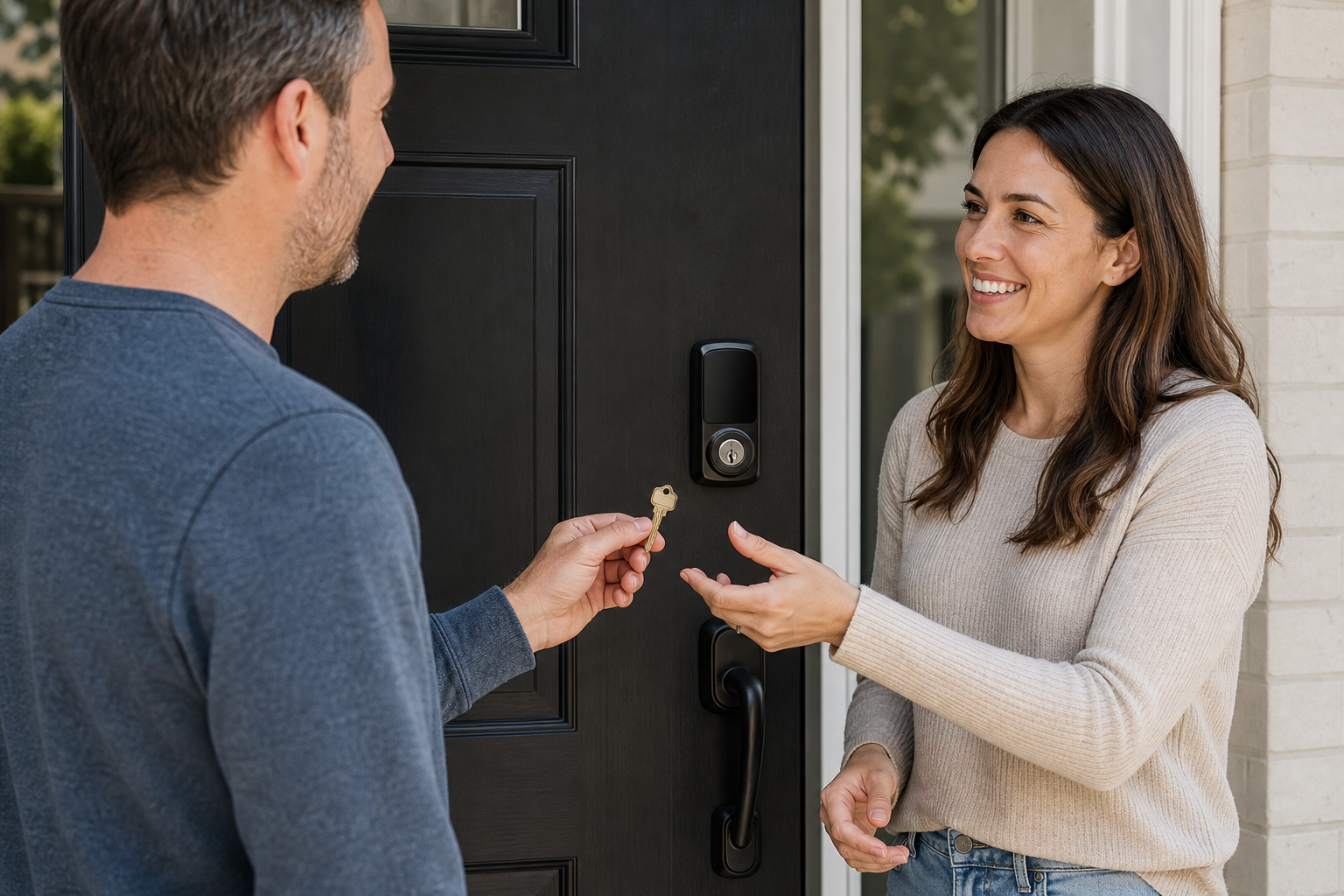A resident gives a physical backup key to another household member beside a smart lock with a key cylinder.