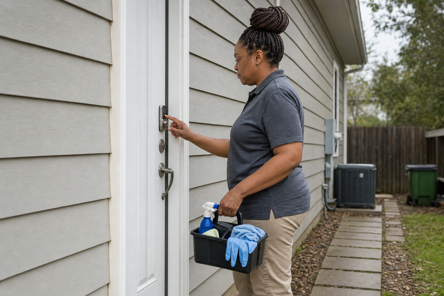 A cleaner enters an individual code on a smart lock at a residential side door.