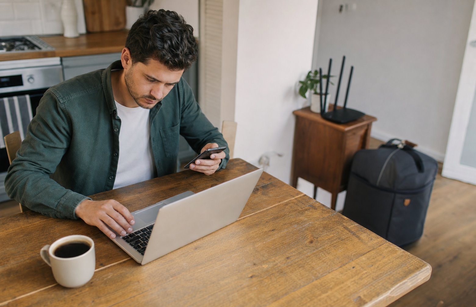 Traveler uses a clean laptop and phone at home to secure accounts after a suspicious network connection.