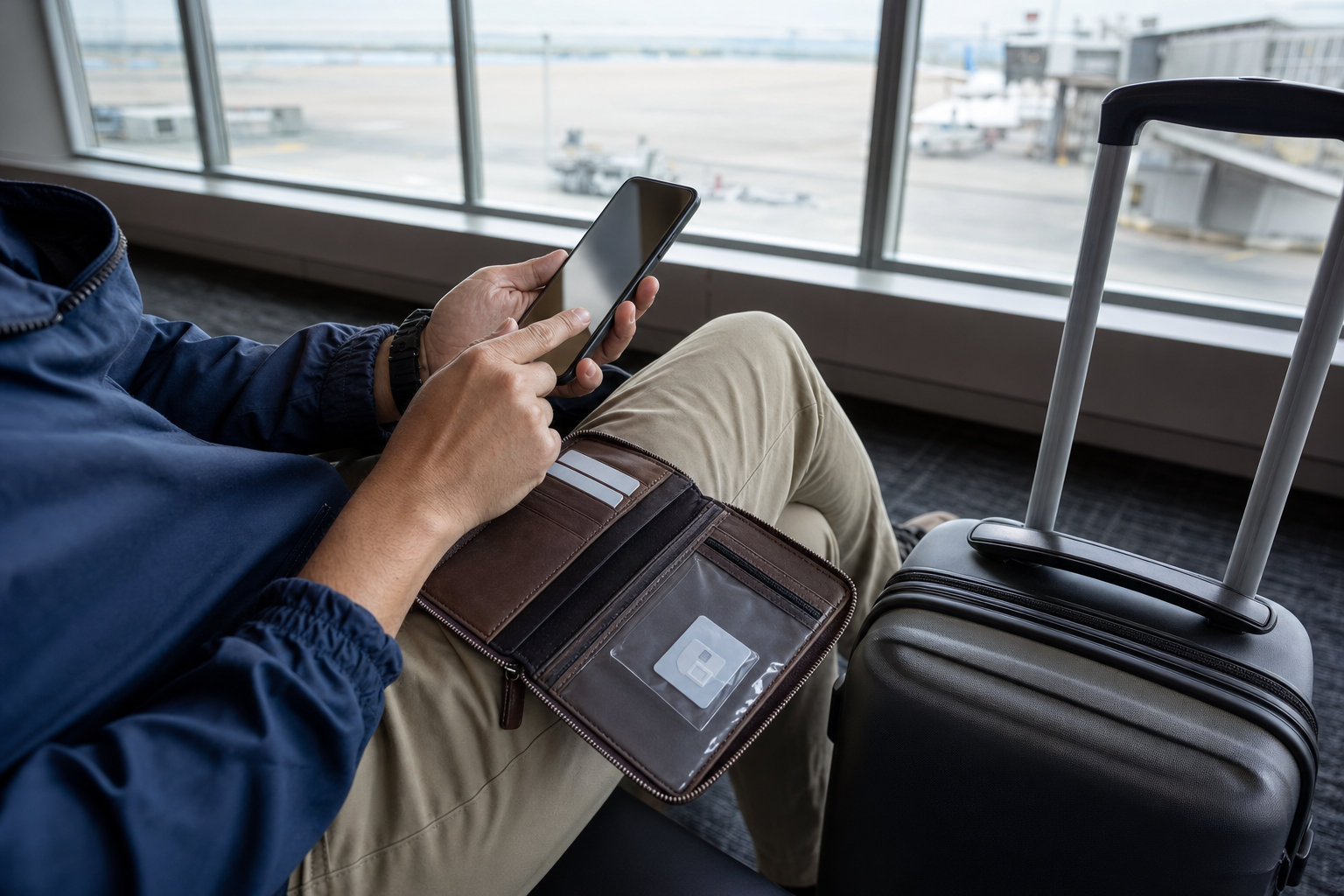 Traveler holds a phone beside a passport wallet containing a removable SIM card in a zipped sleeve at airport arrivals.
