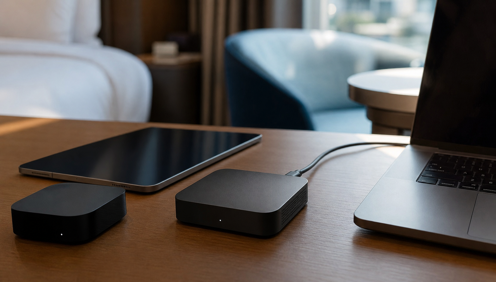 Black travel router with one cable sits in the center of a hotel desk, with a smaller streaming device on the left, a tablet, and a laptop.