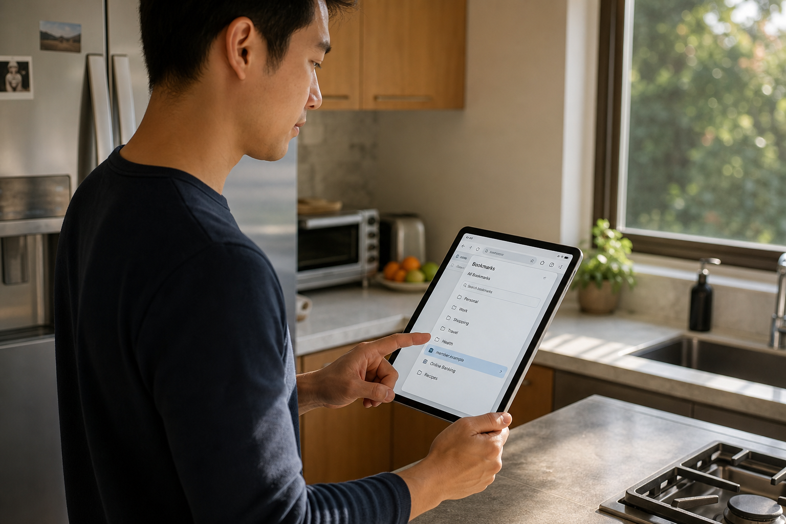 A man selects a saved member.example bookmark on a tablet in a kitchen.